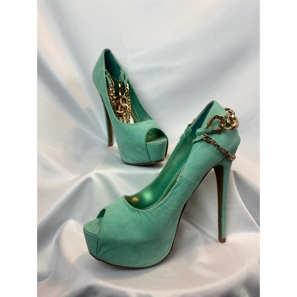 Turquois Suede and Gold Chain Wild Diva Lounge Chucky Platform Pumps